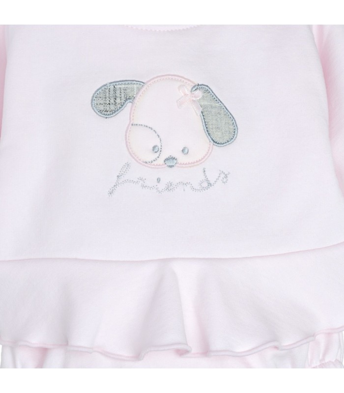 Diseño de conjunto pololo bebé rosa algodón suave volante dibujo central invierno detalle tejido