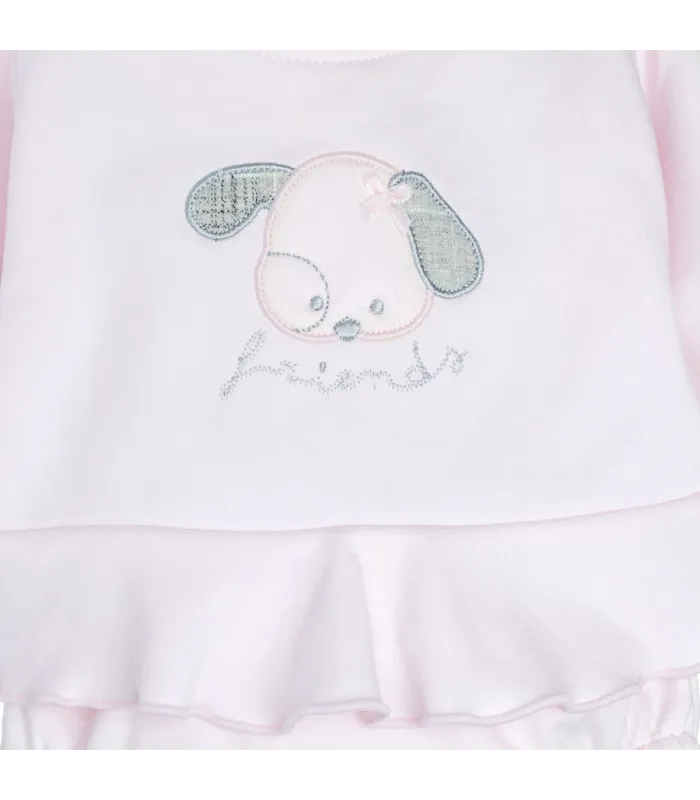 Diseño de conjunto pololo bebé rosa algodón suave volante dibujo central invierno detalle tejido