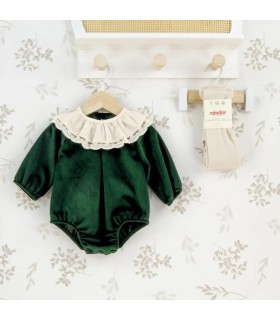 Pelele bebé verde bosque con cuello blanco de puntilla manga larga tejido suave elegante invierno