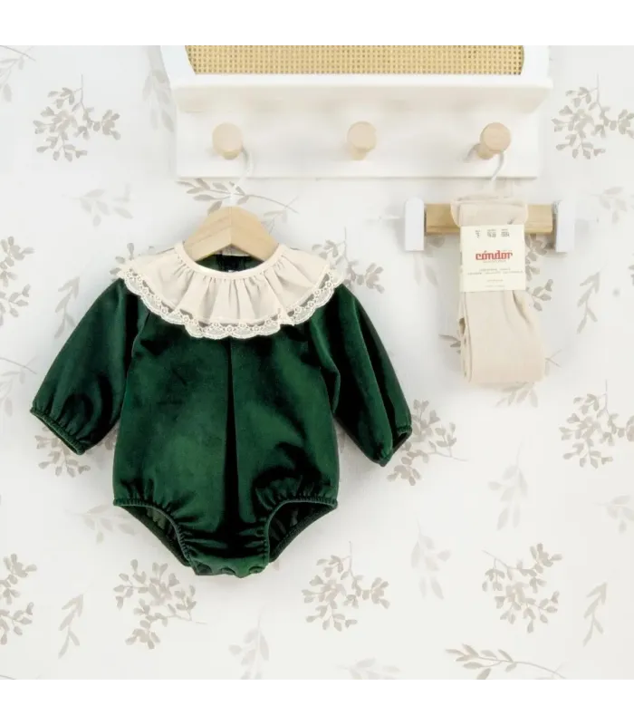 Pelele bebé verde bosque con cuello blanco de puntilla manga larga tejido suave elegante invierno