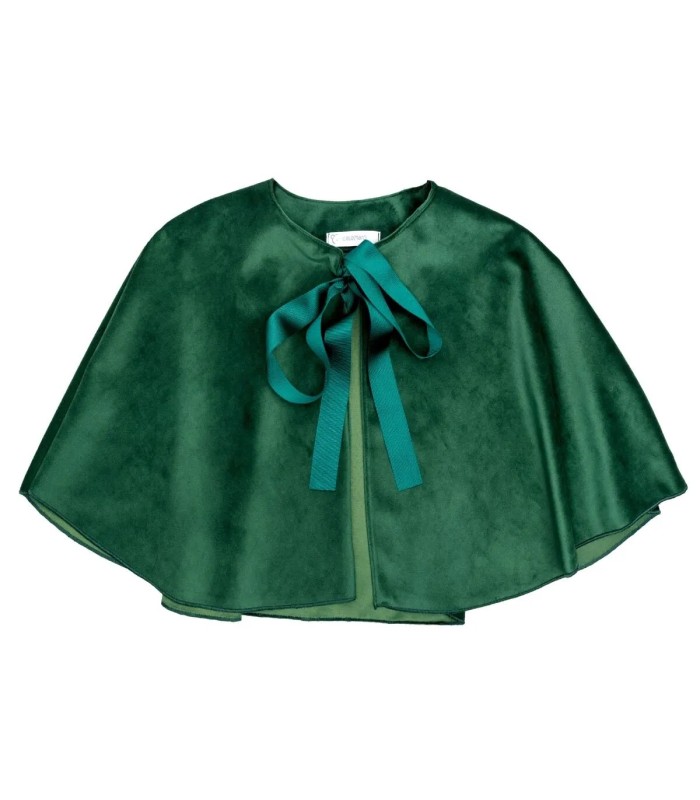 Capa niña verde bosque con lazo frontal tejido suave elegante abrigo ligero invierno en fondo blanco