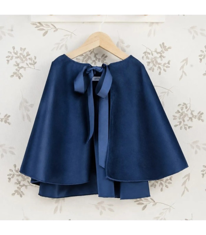 Capa niña azul marino con lazo frontal tejido suave elegante abrigo ligero invierno