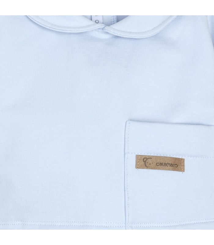 Diseño del conjunto pololo bebé celeste algodón suave cuello bebé bolsillo delantero invierno detalle tejido