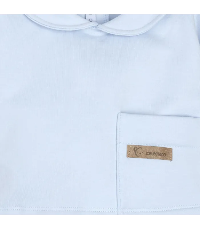 Diseño del conjunto pololo bebé celeste algodón suave cuello bebé bolsillo delantero invierno detalle tejido