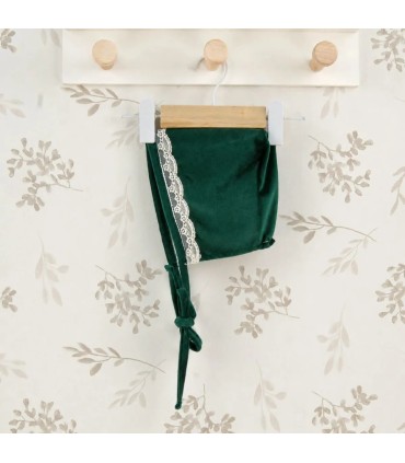 Capota bebé verde bosque con puntilla lateral tejido suave elegante invierno ajuste cómodo