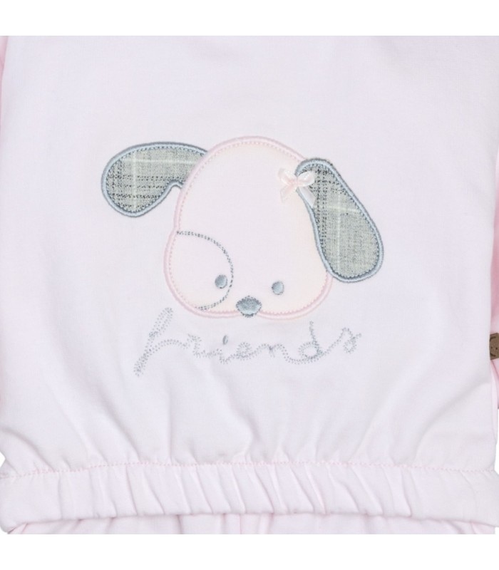 Diseño del conjunto sport bebé rosa algodón suave sudadera dibujo central pantalón elástico invierno detalle tejido