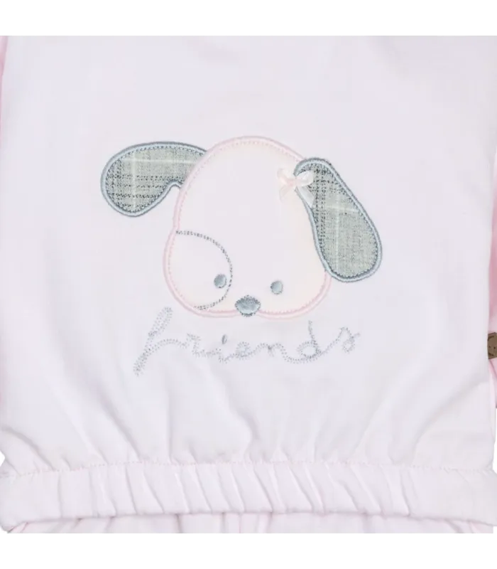 Diseño del conjunto sport bebé rosa algodón suave sudadera dibujo central pantalón elástico invierno detalle tejido