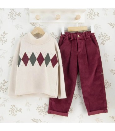 Conjunto niño granate pantalón algodón jersey rombos cuello alto detalle