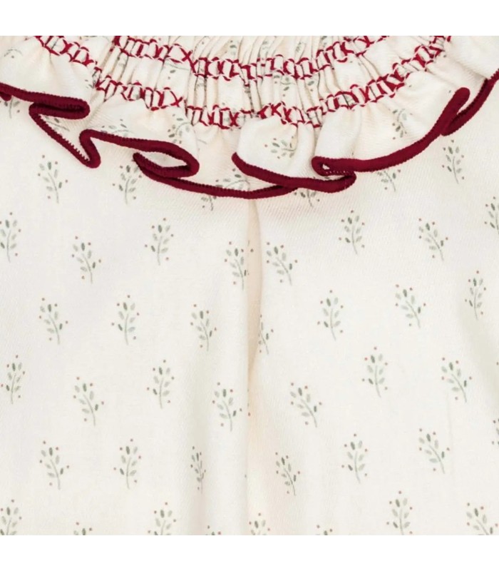 Detalles del conjunto pololo bebé crudo algodón estampado bordado cuello volante detalle