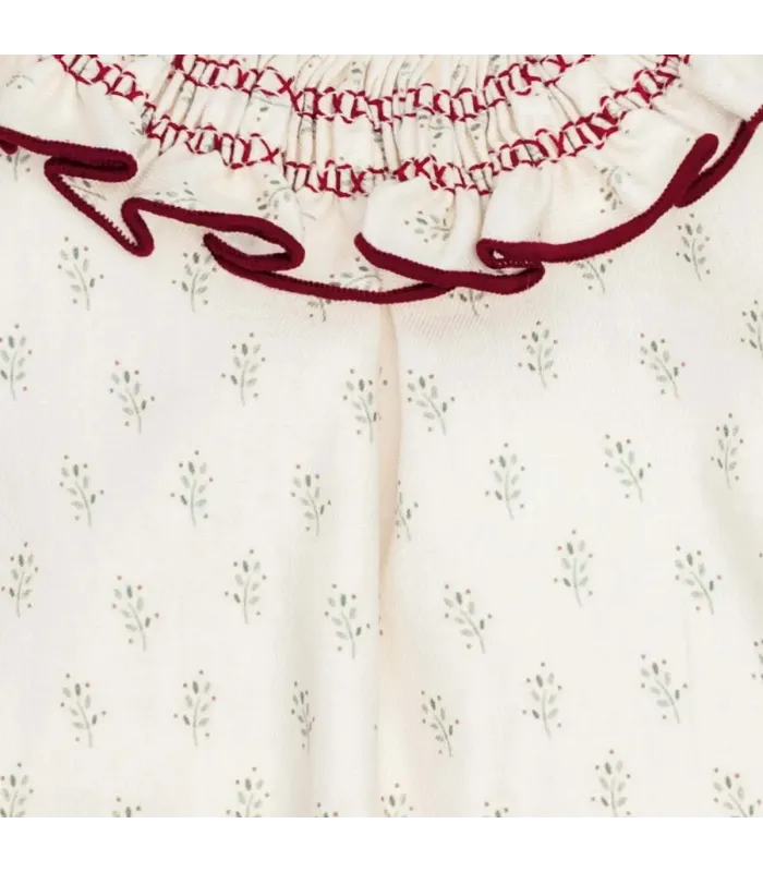 Detalles del conjunto pololo bebé crudo algodón estampado bordado cuello volante detalle