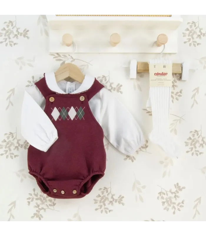 Conjunto Peto bebé granate punto rombos camisa blanca tirantes botones