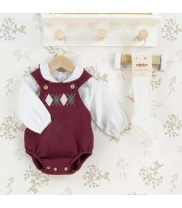 Conjunto Peto bebé granate punto rombos camisa blanca tirantes botones