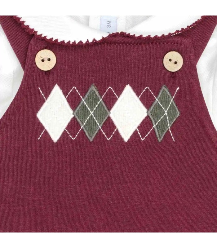 Conjunto Peto bebé granate punto rombos camisa blanca tirantes botones detalles