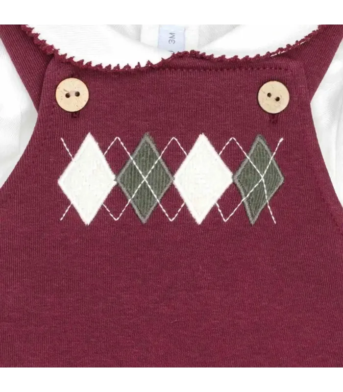 Conjunto Peto bebé granate punto rombos camisa blanca tirantes botones detalles