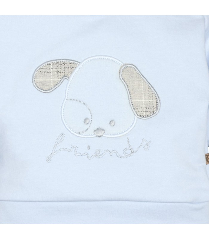 Diseño del conjunto sport bebé celeste algodón suave sudadera dibujo central bolsillo pantalón invierno detalle tejido