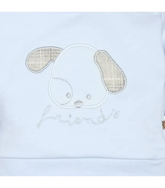Diseño del conjunto sport bebé celeste algodón suave sudadera dibujo central bolsillo pantalón invierno detalle tejido