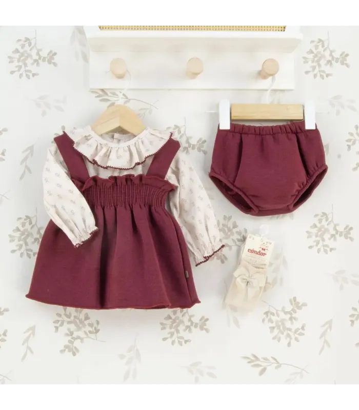 Jesusito bebé granate algodón vestido tirantes blusa estampada volante detalle