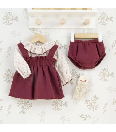 Jesusito bebé granate algodón vestido tirantes blusa estampada volante detalle