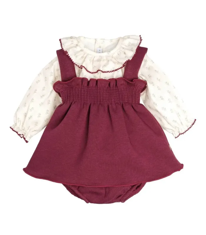 Jesusito bebé granate algodón vestido tirantes blusa estampada volante detalle en fondo blanco