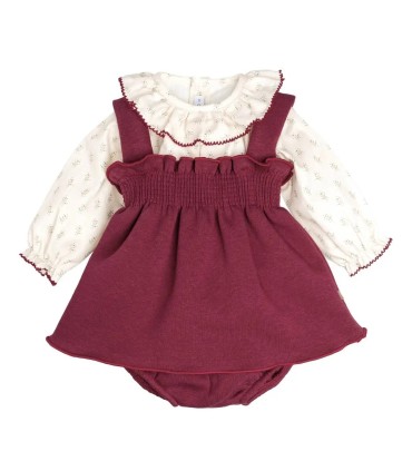 Jesusito bebé granate algodón vestido tirantes blusa estampada volante detalle en fondo blanco