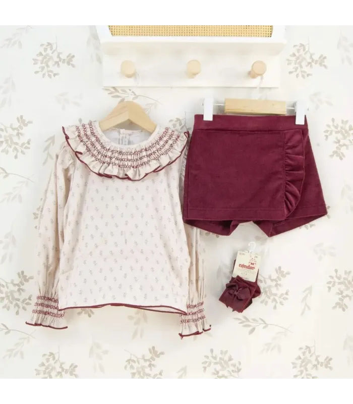 Conjunto niña granate falda pantalón algodón blusa estampada volante detalle