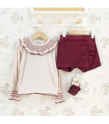 Conjunto niña granate falda pantalón algodón blusa estampada volante detalle