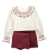 Conjunto niña granate falda pantalón algodón blusa estampada volante detalle en fondo blanco