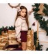 Niña con conjunto niña granate falda pantalón algodón blusa estampada volante detalle