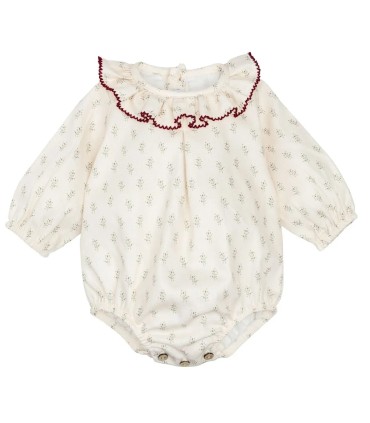 Pelele bebé crudo algodón estampado cuello volante detalle contraste en fondo blanco