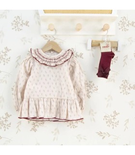 Vestido niña crudo algodón estampado cuello volante bordado detalle