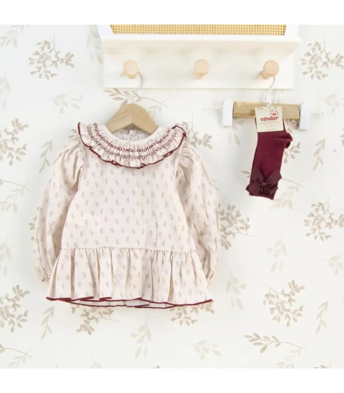 Vestido niña crudo algodón estampado cuello volante bordado detalle
