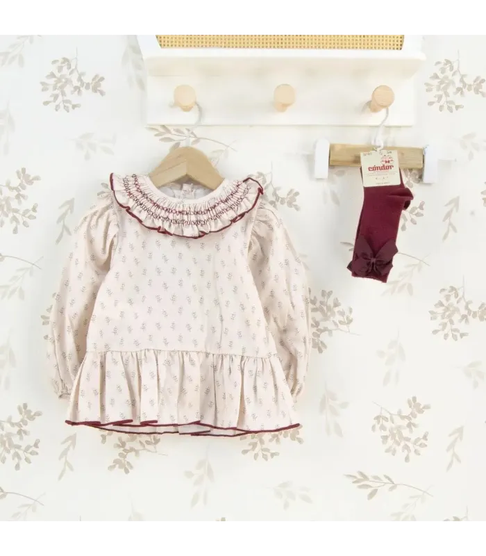 Vestido niña crudo algodón estampado cuello volante bordado detalle