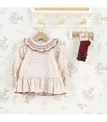 Vestido niña crudo algodón estampado cuello volante bordado detalle