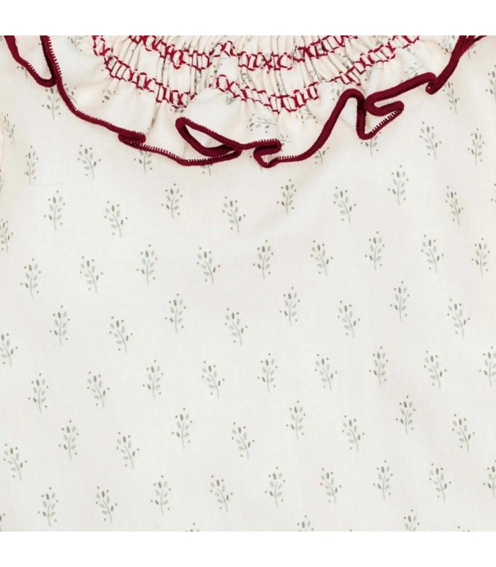 Detalle y estampado del pestido niña crudo algodón estampado cuello volante bordado detalle