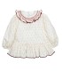 Vestido niña crudo algodón estampado cuello volante bordado detalle con fondo blanco