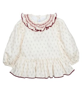 Vestido niña crudo algodón estampado cuello volante bordado detalle con fondo blanco