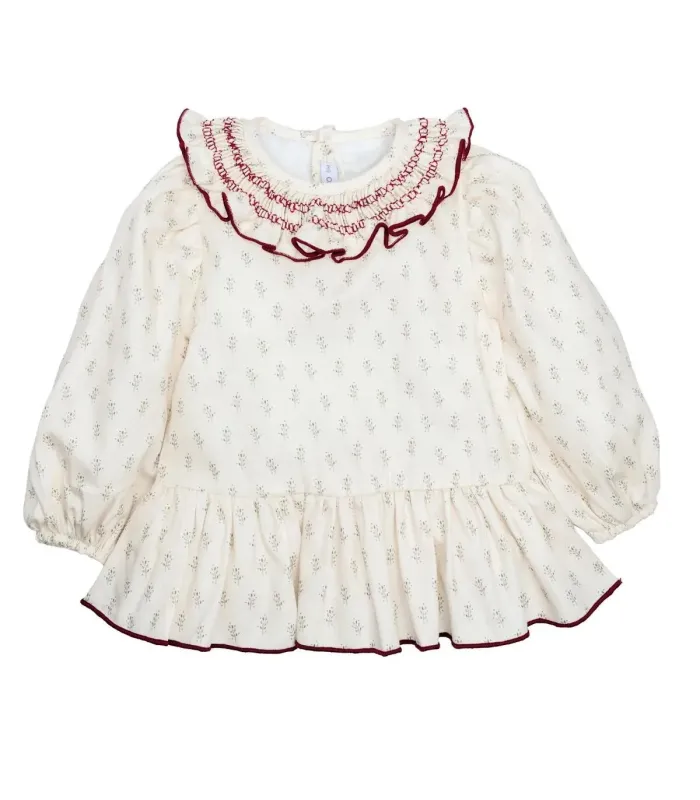 Vestido niña crudo algodón estampado cuello volante bordado detalle con fondo blanco