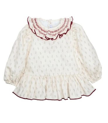 Vestido niña crudo algodón estampado cuello volante bordado detalle con fondo blanco