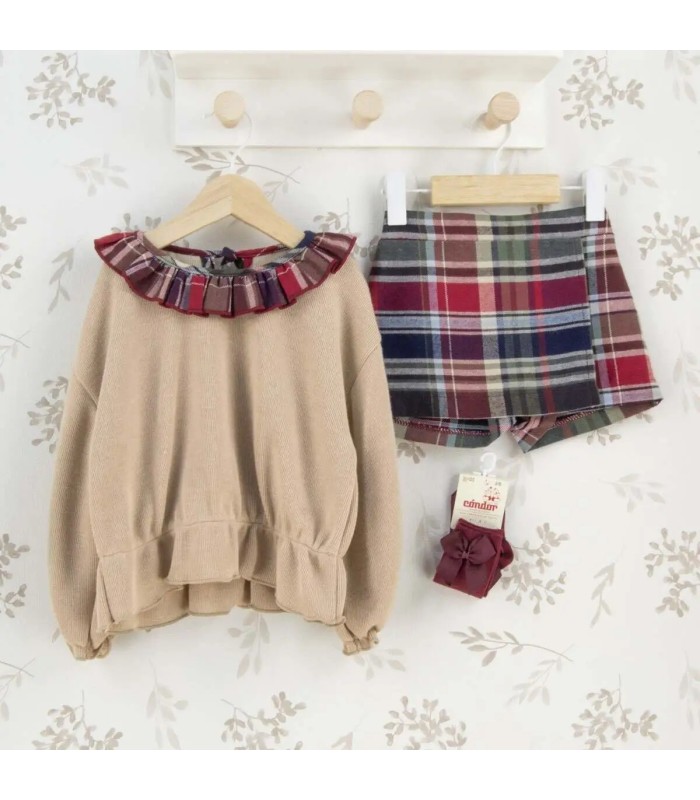 Conjunto niña granate cuadros falda pantalón sudadera beige volante cuello detalle invierno