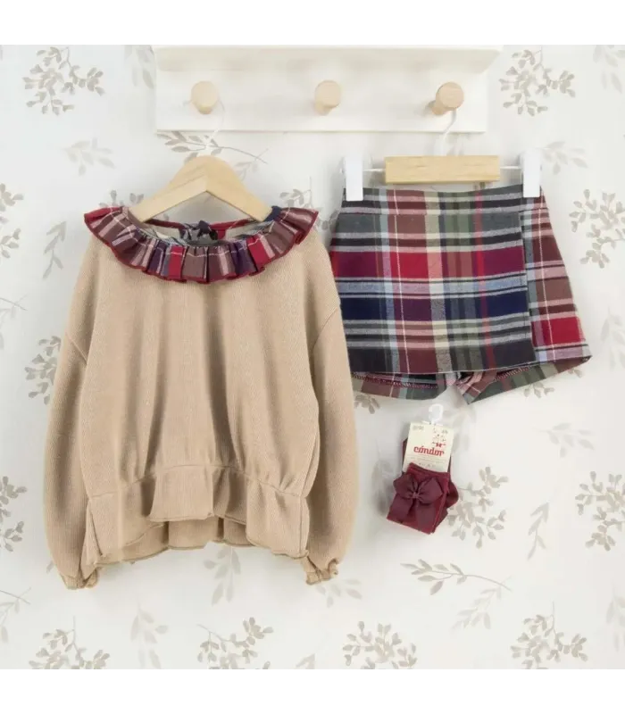 Conjunto niña granate cuadros falda pantalón sudadera beige volante cuello detalle invierno