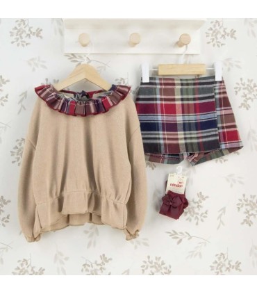 Conjunto niña granate cuadros falda pantalón sudadera beige volante cuello detalle invierno