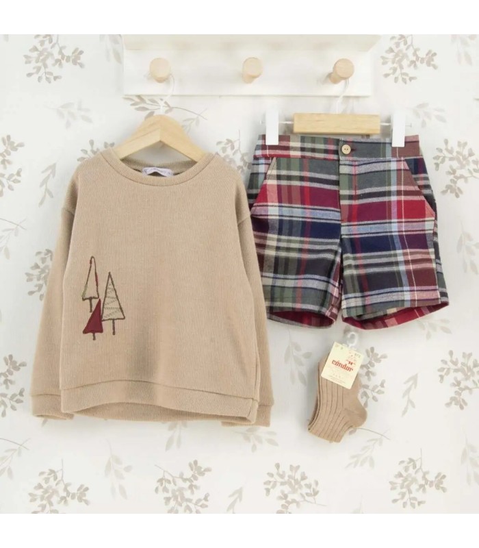 Conjunto niño granate cuadros pantalón algodón sudadera beige bordado detalle invierno