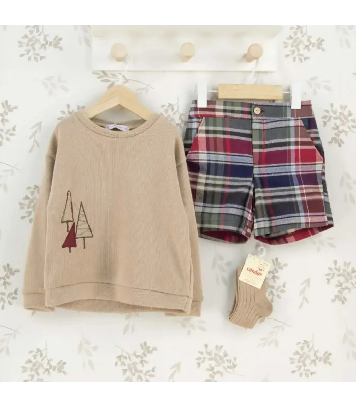 Conjunto niño granate cuadros pantalón algodón sudadera beige bordado detalle invierno