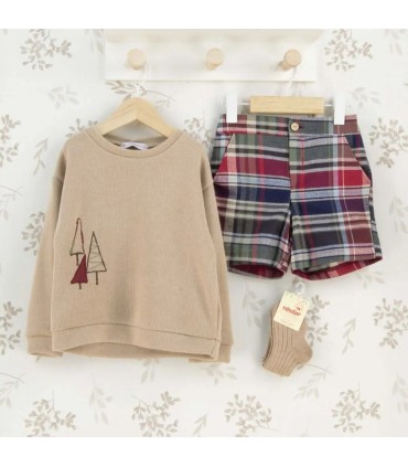 Conjunto niño granate cuadros pantalón algodón sudadera beige bordado detalle invierno