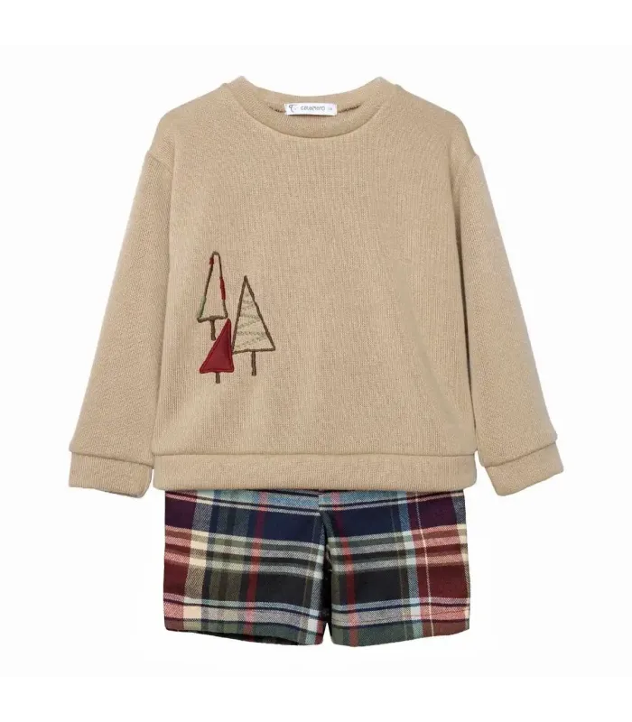 Conjunto niño granate cuadros pantalón algodón sudadera beige bordado detalle invierno en fondo blanco