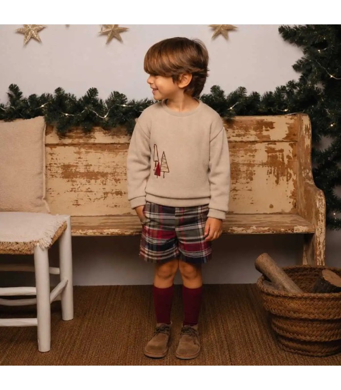 Niño con el conjunto niño granate cuadros pantalón algodón sudadera beige bordado detalle invierno