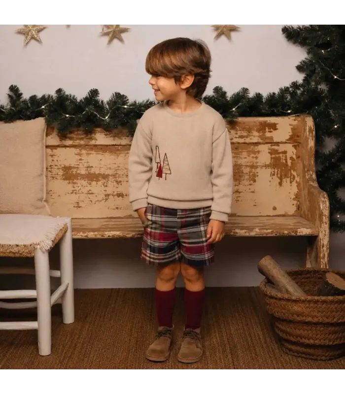 Niño con el conjunto niño granate cuadros pantalón algodón sudadera beige bordado detalle invierno