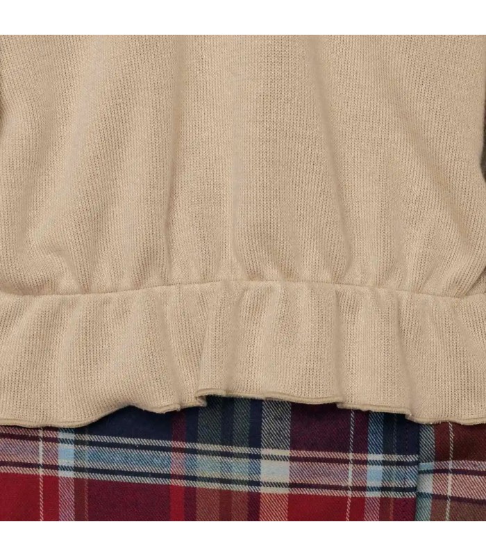 Detalles del conjunto niña granate cuadros falda pantalón sudadera beige volante cuello detalle invierno