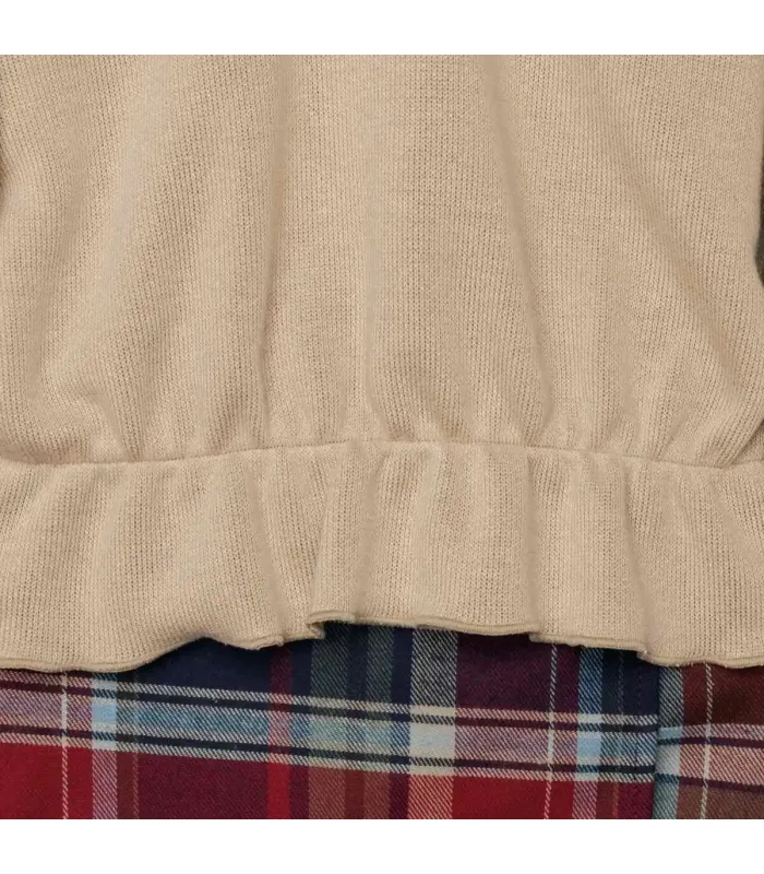Detalles del conjunto niña granate cuadros falda pantalón sudadera beige volante cuello detalle invierno