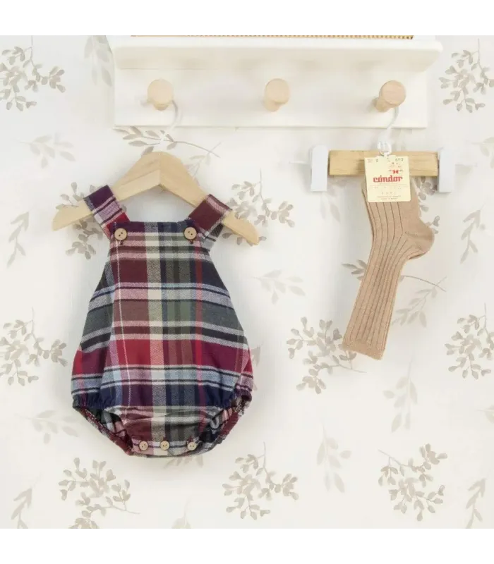 Peto bebé granate cuadros algodón tirantes botones diseño clásico invierno detalle